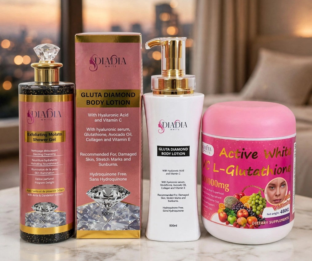 Your 3-Step Ritual to Unstoppable Glow: Gluta Diamond Exfoliating Shower Gel, Body Lotion & Active White L-Glutathione Drink Mix